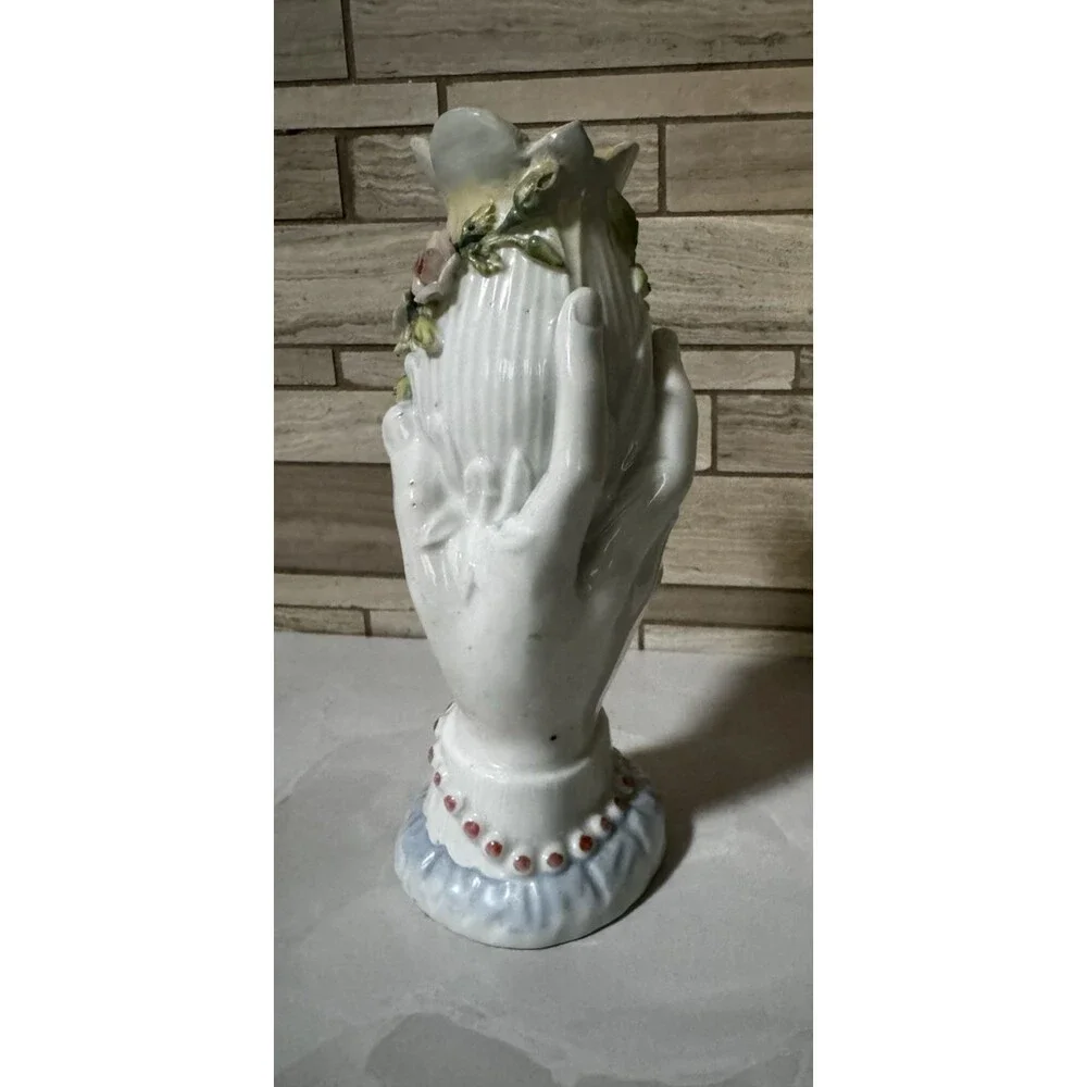 Antique Dresden-style porcelain hand-shaped figural vase